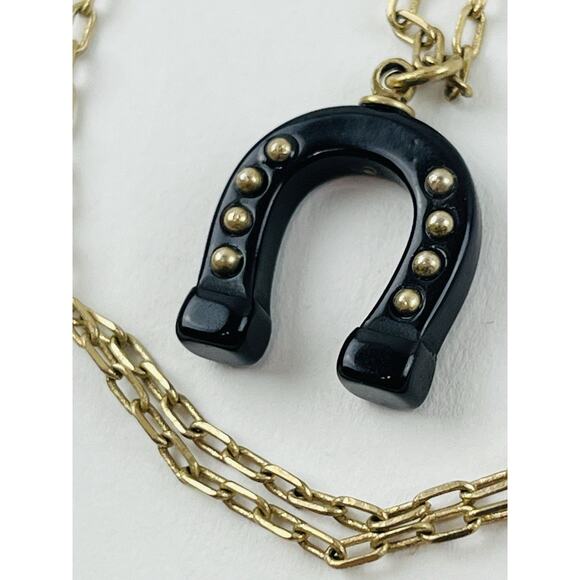 J. Crew Designer Gold Tone Horseshoe Black Pendant Necklace 27” Hoof Brass Tone - Picture 13 of 16